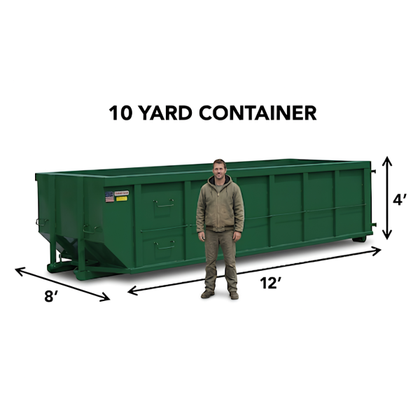 Green 10-yard roll-off dumpster rental measuring 12 feet long, 8 feet wide, and 4 feet high for small home cleanouts in Fayetteville