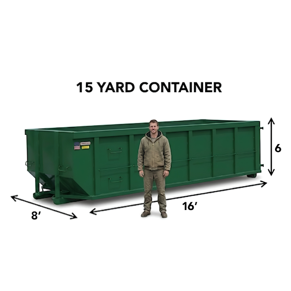 Green 15-yard roll-off dumpster rental measuring 16 feet long, 8 feet wide, and 6 feet high for bathroom remodels and flooring jobs