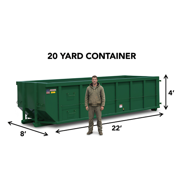 Green 20-yard roll-off dumpster rental measuring 22 feet long, 8 feet wide, and 4 feet high for residential home and garage cleanouts