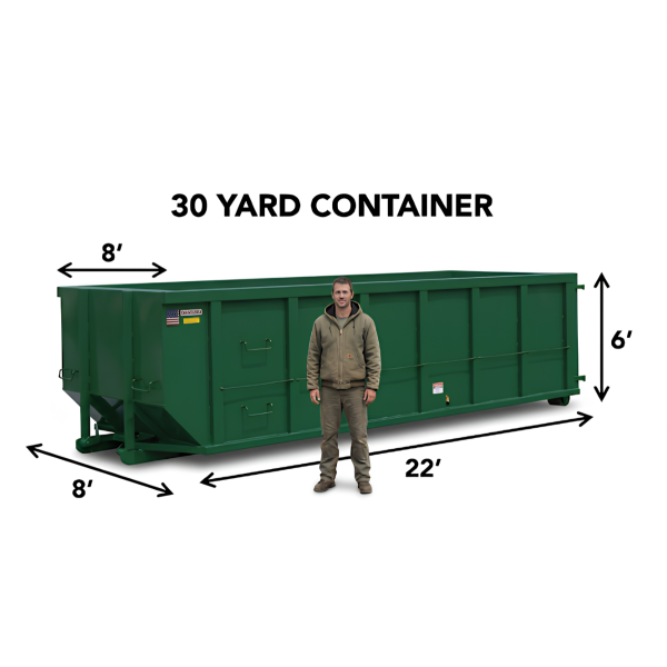 Green 30-yard roll-off dumpster rental measuring 22 feet long, 8 feet wide, and 6 feet high for construction and full home renovations