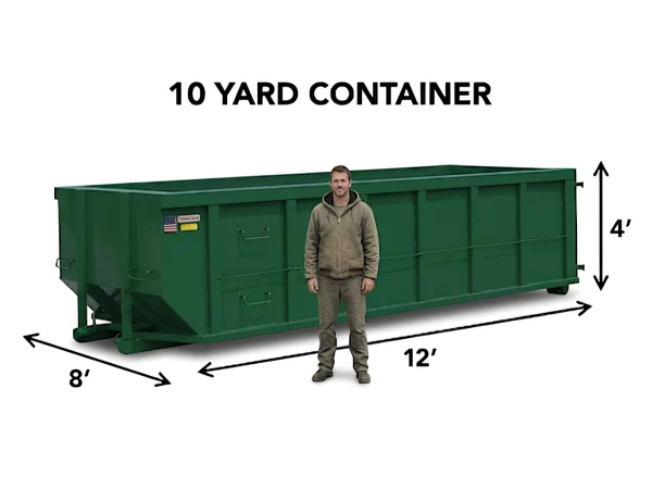 Green 10-yard roll-off dumpster rental measuring 12 feet long, 8 feet wide, and 4 feet high for small home cleanouts in Fayetteville