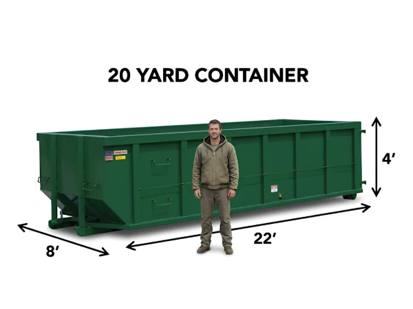 Green 20-yard roll-off dumpster rental measuring 22 feet long, 8 feet wide, and 4 feet high for residential home and garage cleanouts