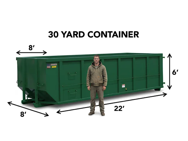 Green 30-yard roll-off dumpster rental measuring 22 feet long, 8 feet wide, and 6 feet high for construction and full home renovations