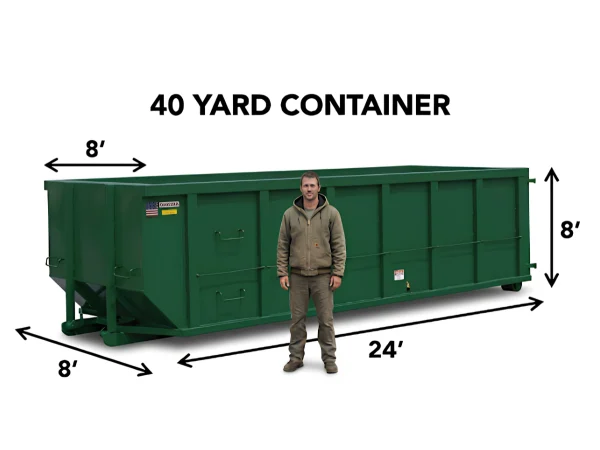 Green 40-yard roll-off dumpster rental measuring 24 feet long, 8 feet wide, and 8 feet high for commercial demolition and major job sites