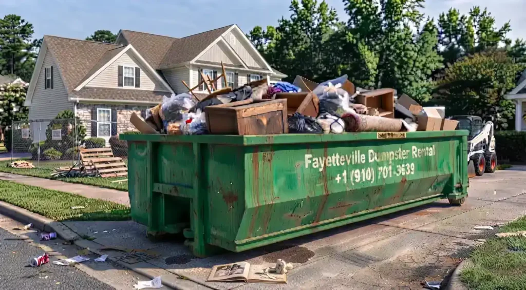 Green 30-yard roll-off dumpster loaded with household junk on a suburban driveway in Kings Grant, Fayetteville