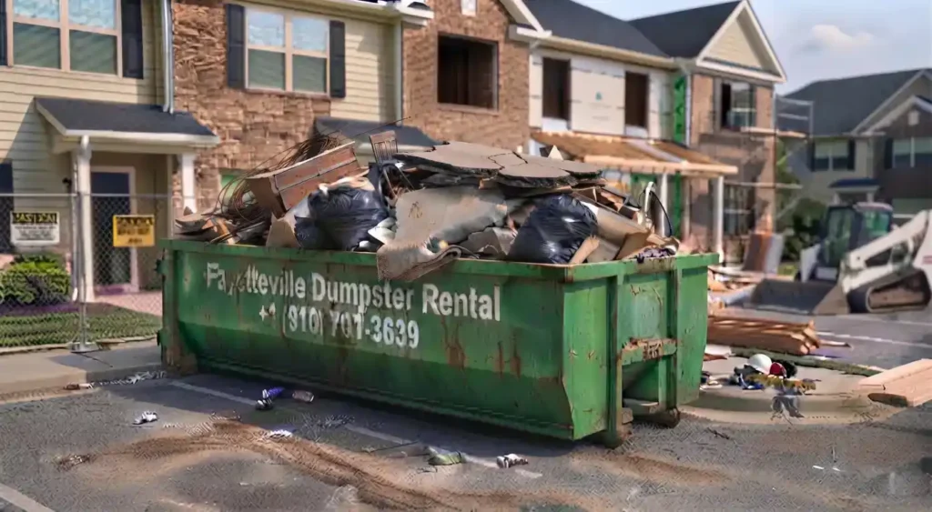 Green 15-yard dumpster placed outside multi-family townhomes for a renovation project in Hope Mills, NC