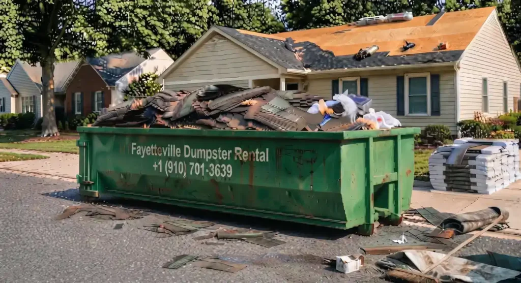 Green 20-yard roll-off dumpster filled with asphalt shingles parked in front of a house undergoing a roof replacement on Cliffdale Road